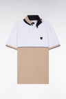 Slim-fit two-tone beige stretch cotton short-sleeved polo shirt