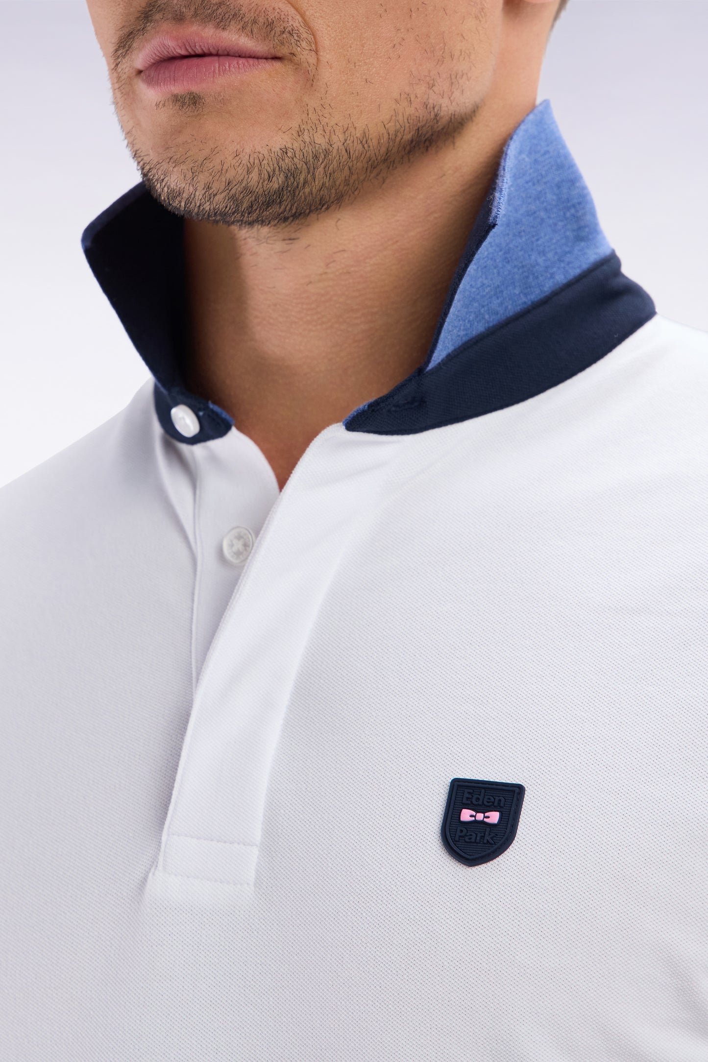 Slim-fit two-tone blue stretch cotton short-sleeved polo shirt