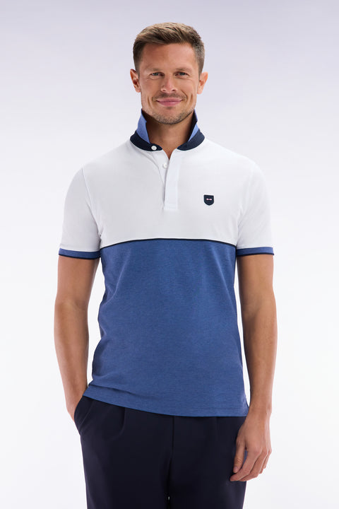 Slim-fit two-tone blue stretch cotton short-sleeved polo shirt - Image 1