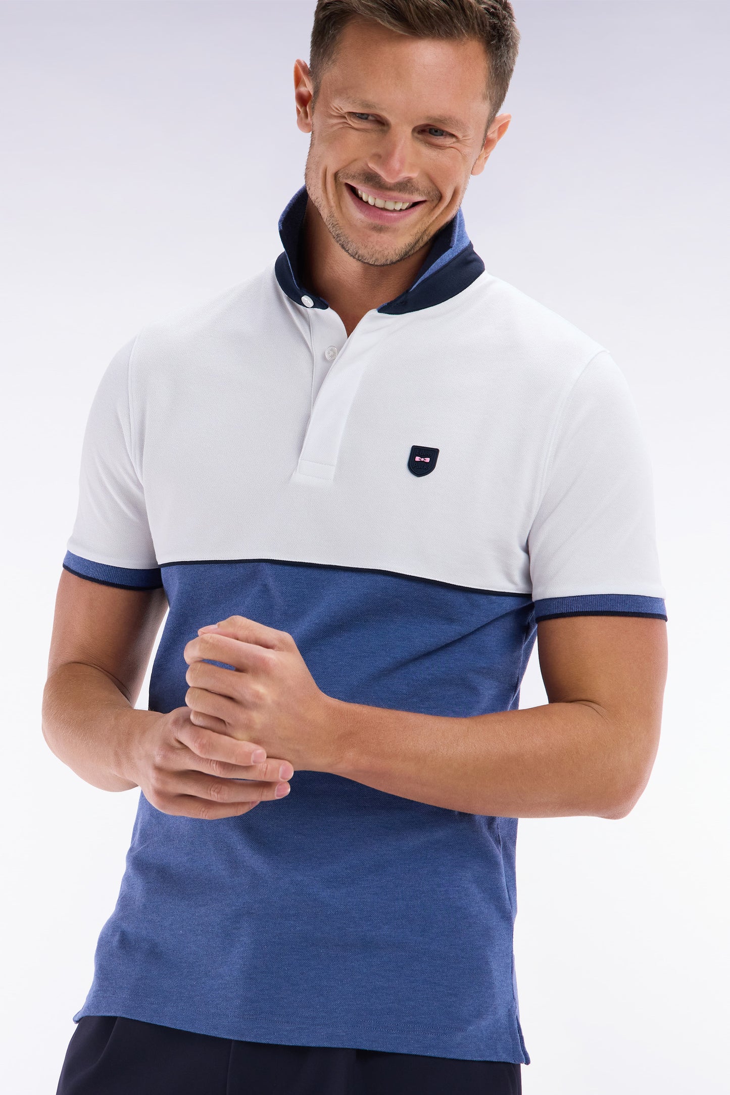 Slim-fit two-tone blue stretch cotton short-sleeved polo shirt