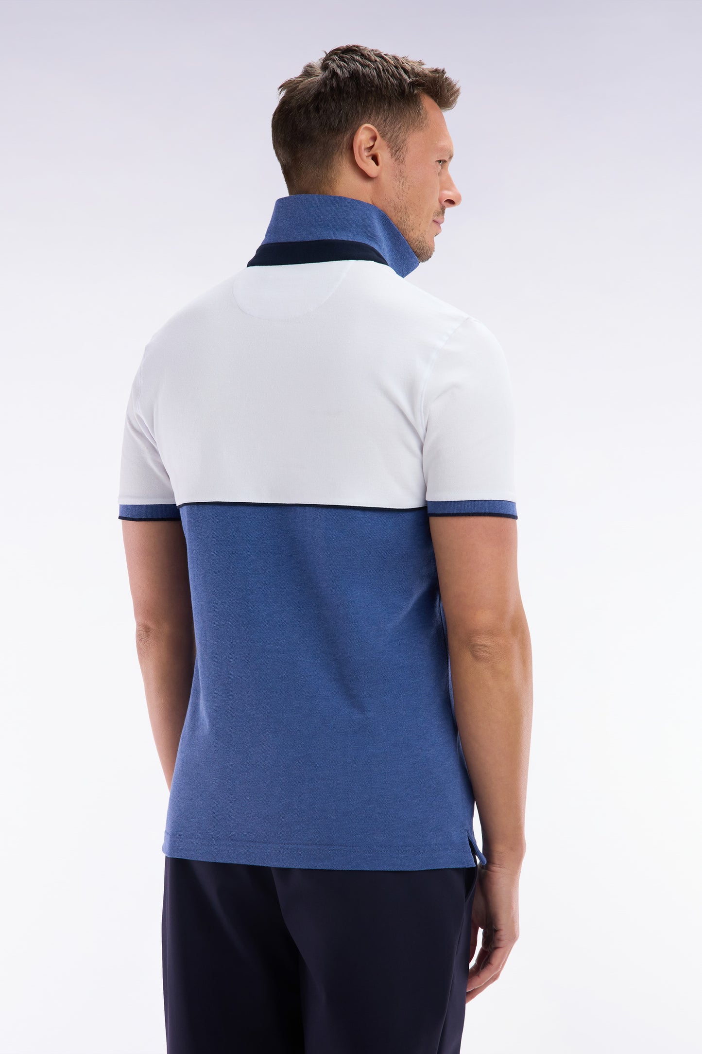 Slim-fit two-tone blue stretch cotton short-sleeved polo shirt