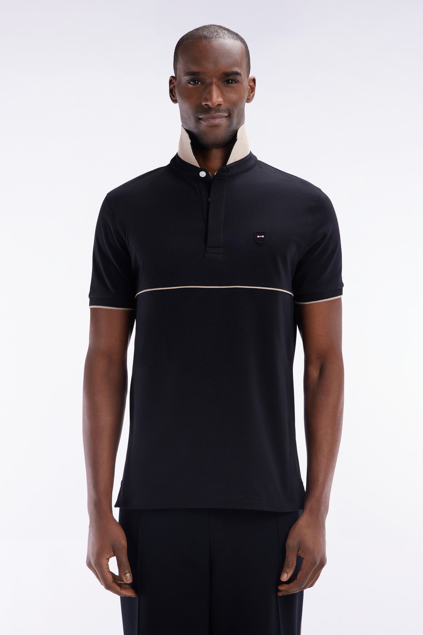 Slim-fit two-tone black stretch cotton short-sleeved polo shirt