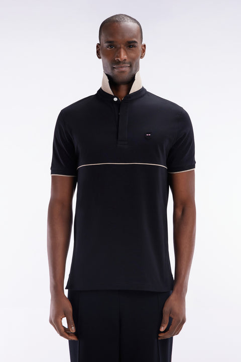 Slim-fit two-tone black stretch cotton short-sleeved polo shirt - Image 1