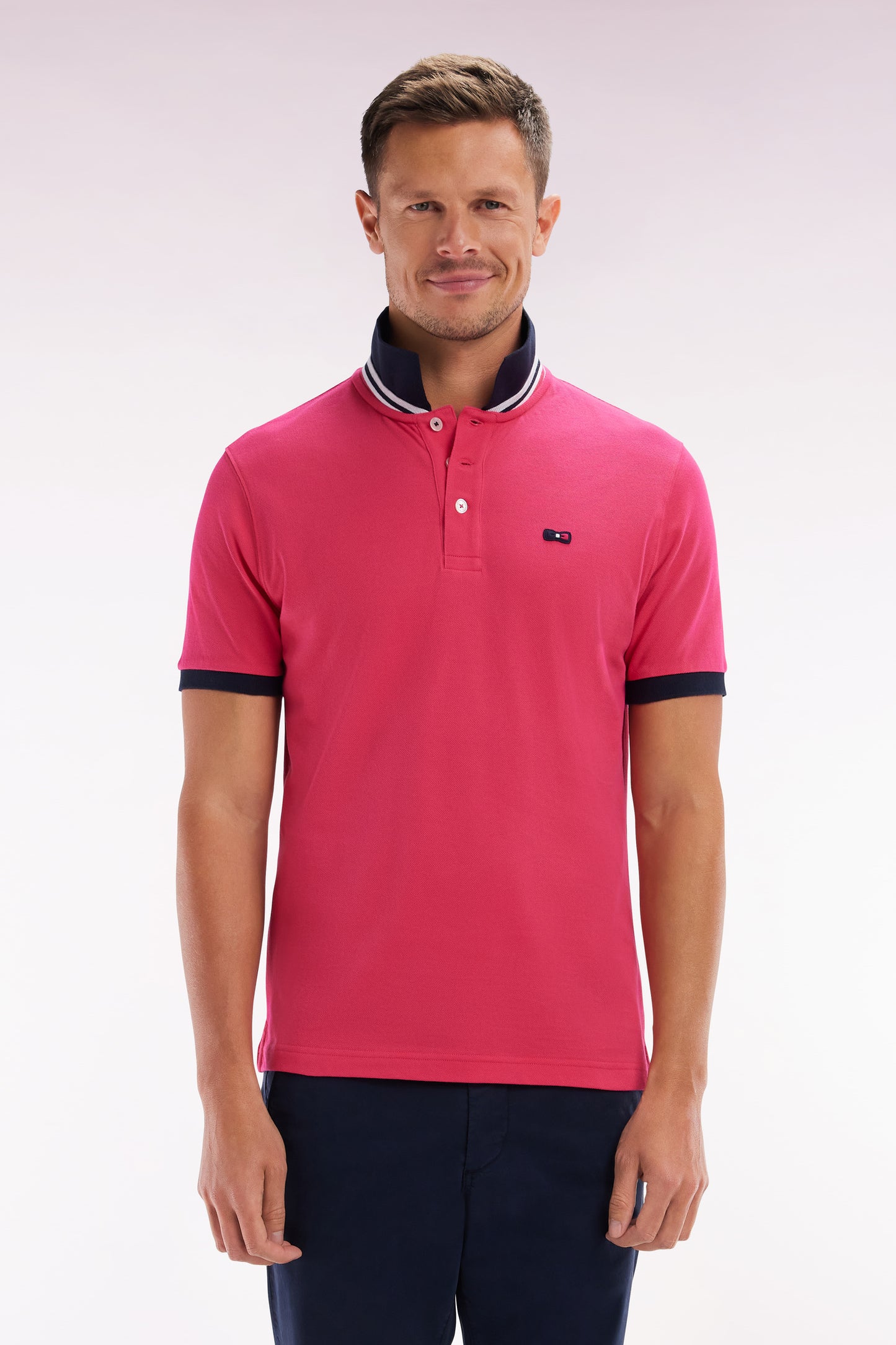 Straight-fit short-sleeved polo shirt in pink cotton piqué with tricolor embroidery