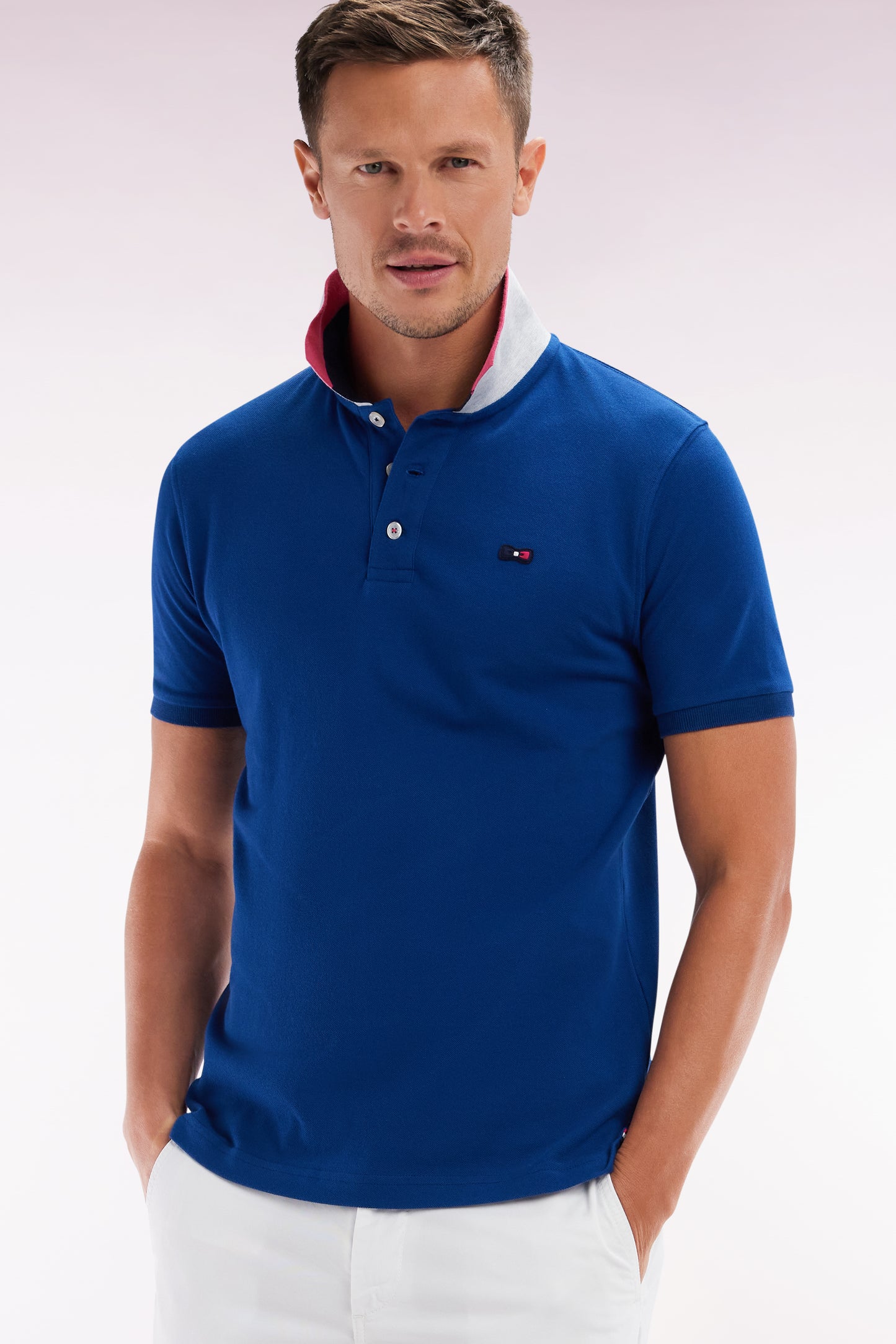 Straight-fit short-sleeved polo shirt in blue cotton with two-tone Eden Park jacquard collar