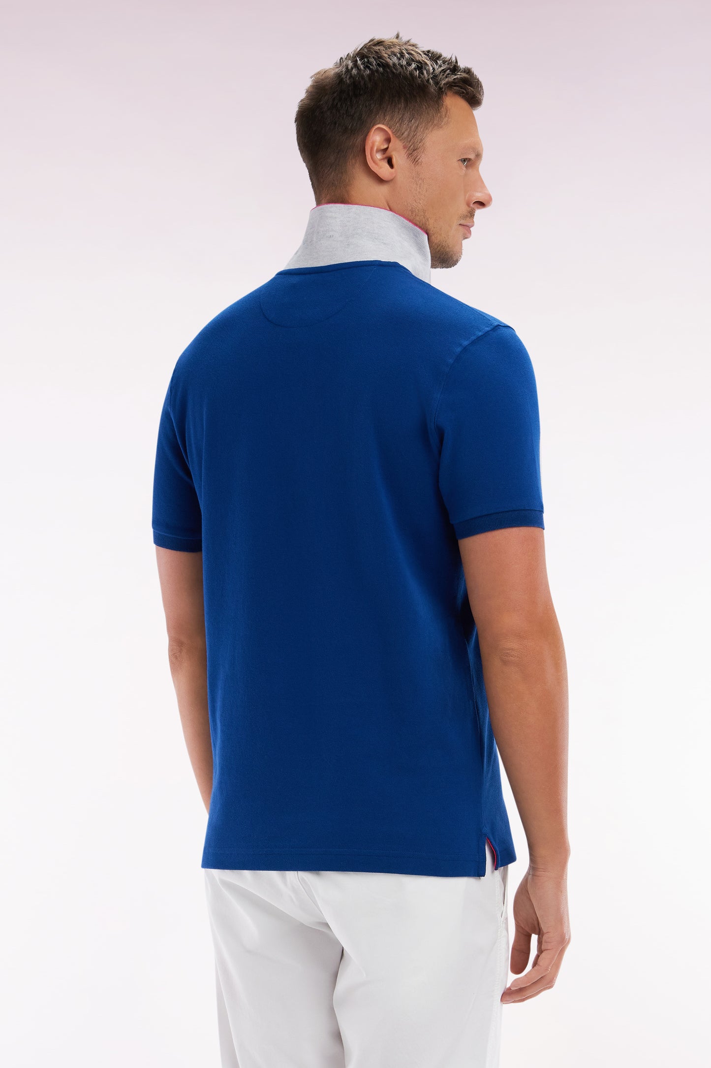 Straight-fit short-sleeved polo shirt in blue cotton with two-tone Eden Park jacquard collar