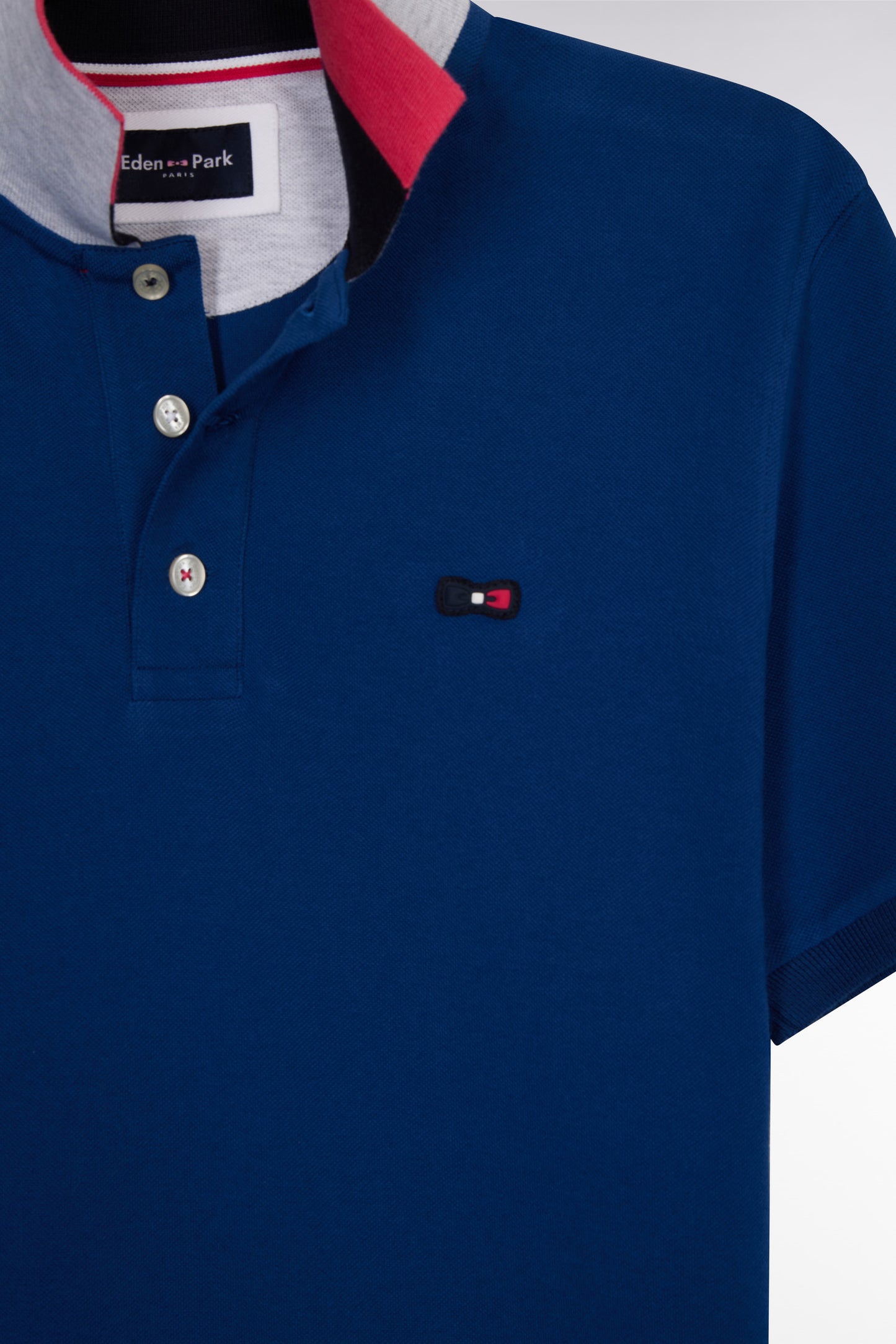 Straight-fit short-sleeved polo shirt in blue cotton with two-tone Eden Park jacquard collar