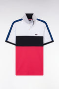 Polo à manches courtes en coton tricolore blanc marine et fuchsia coupe droite