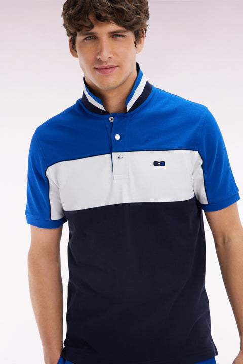 Straight-fit short-sleeved polo shirt in blue tricolor cotton with striped collar - Image 3