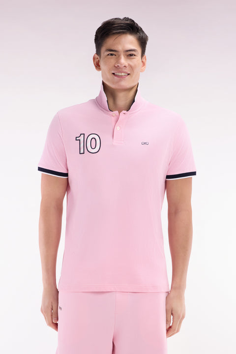 Relaxed-fit short-sleeved polo shirt in pink cotton with 10 embroidery - Image 1