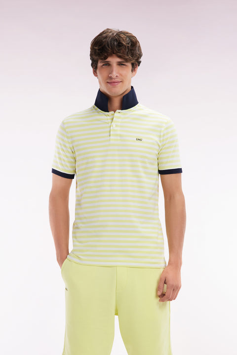 Slim-fit short-sleeved sailor polo shirt in yellow striped stretch cotton - Image 1
