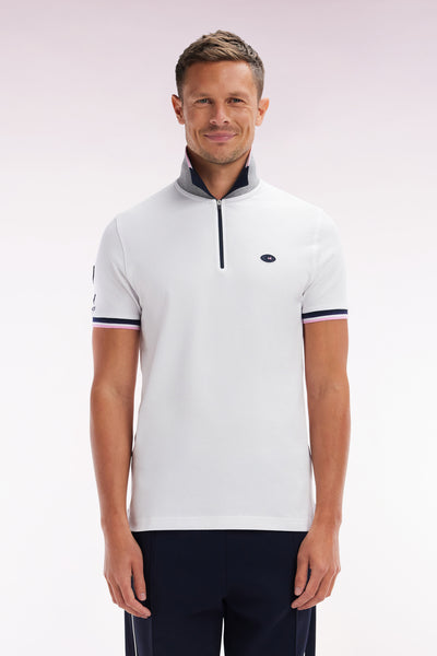 Slim-fit short-sleeved polo shirt in white stretch cotton with zipped collar