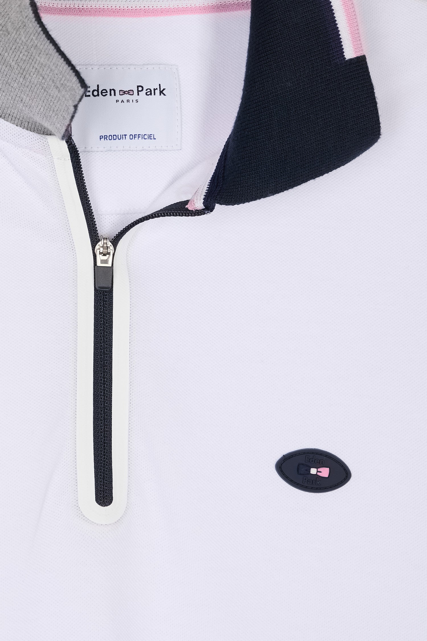 Polo à manches courtes en coton stretch blanc col zippé coupe ajustée