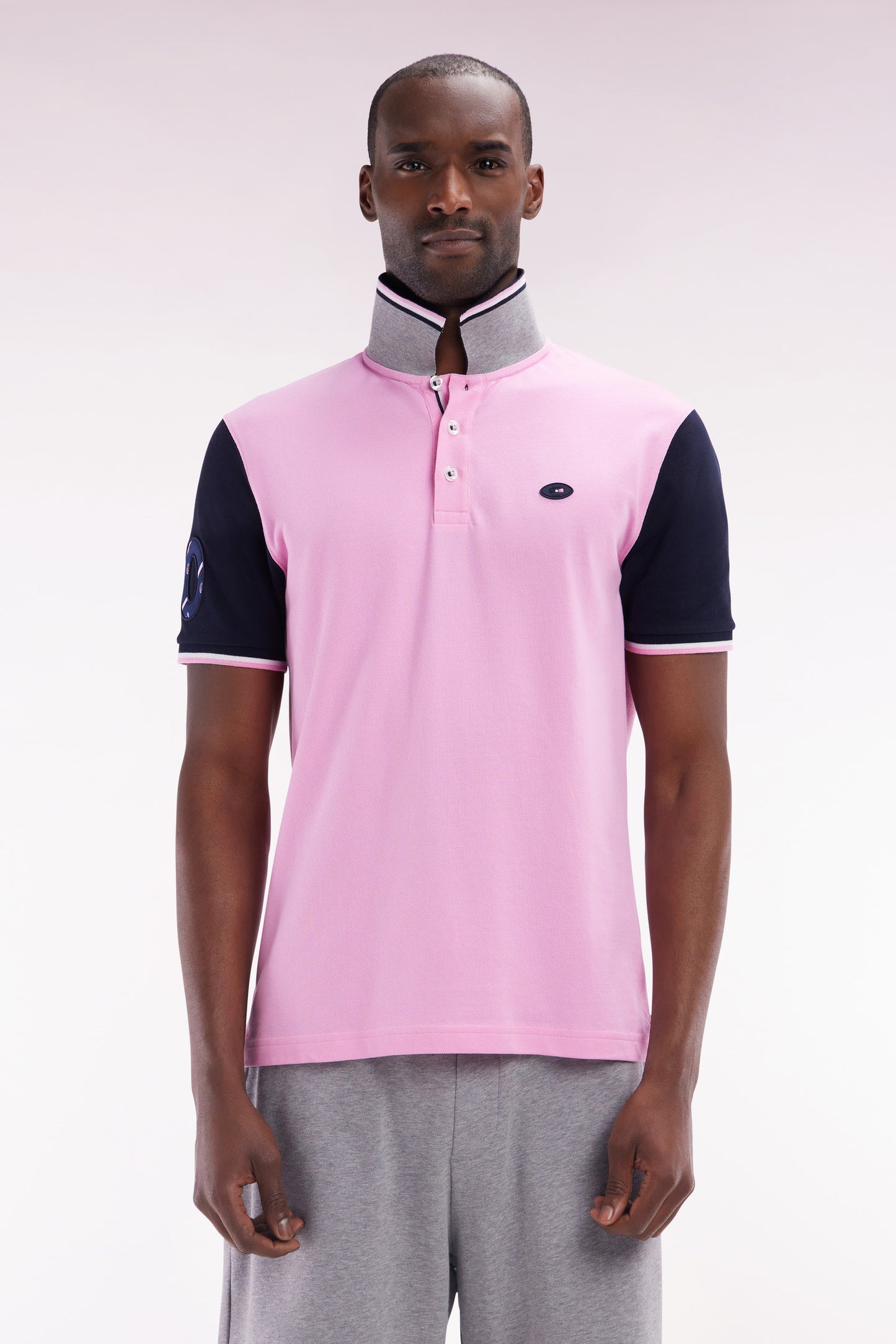 Straight-fit short-sleeved polo shirt in navy cotton piqué with 10 embroidery