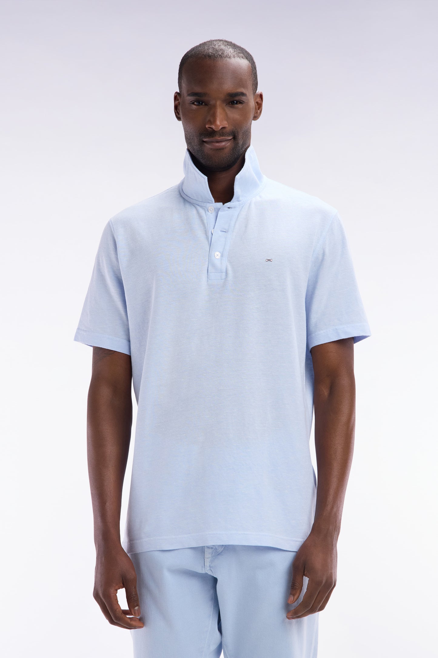 Straight-fit short-sleeved polo shirt in grey blue cotton-linen blend