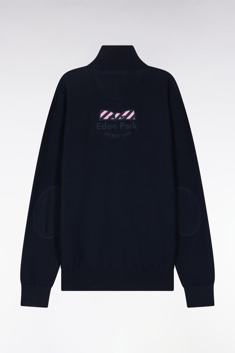 Straight-fit trucker collar jumper in navy cotton with back bow tie embroidery - Image 2