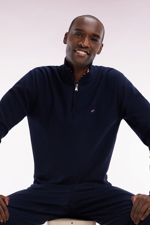 Straight-fit trucker collar jumper in navy cotton with back bow tie embroidery - Image 3