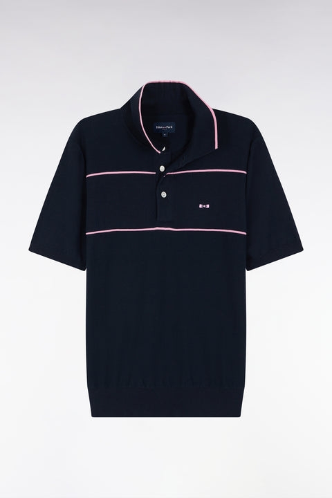 Straight-fit short-sleeved jumper with polo collar in navy and pink cotton - Image 2