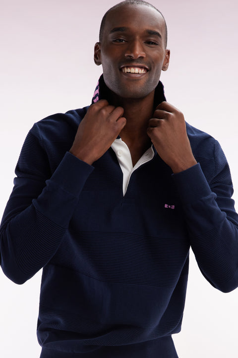 Straight-fit navy cotton jersey collar jumper with striped details - Image 2