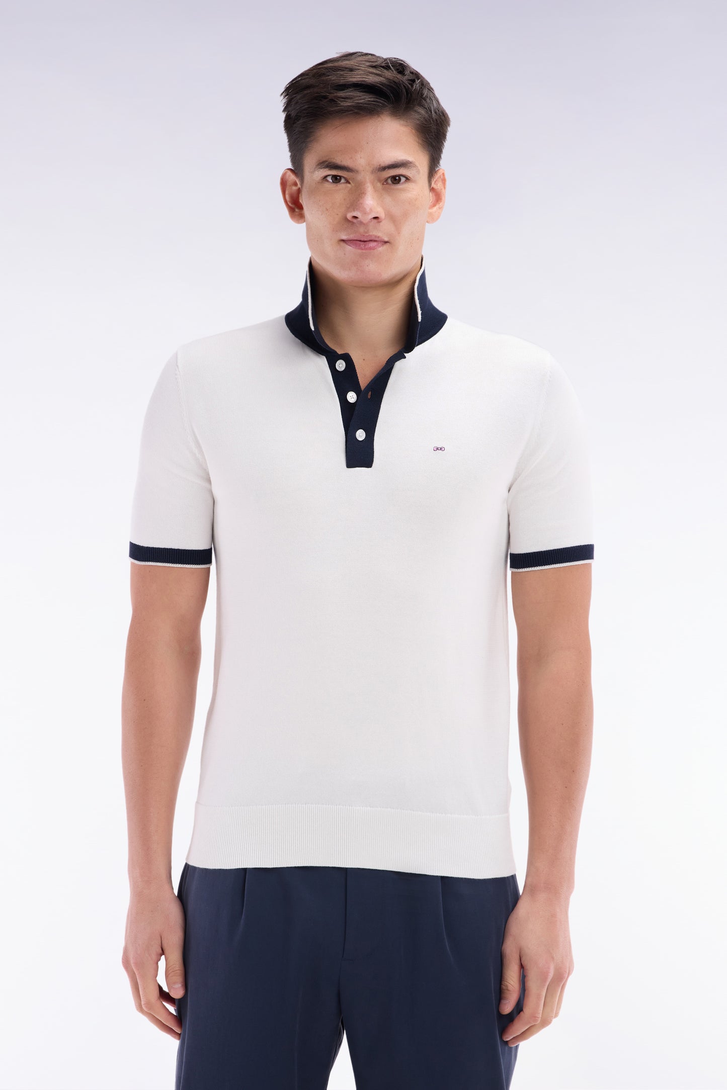 Straight-fit short-sleeved polo collar jumper in white cotton