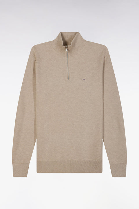 Straight-fit beige honeycomb cotton trucker collar jumper - Image 2