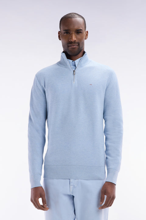 Straight-fit sky blue honeycomb cotton trucker collar jumper - Image 1