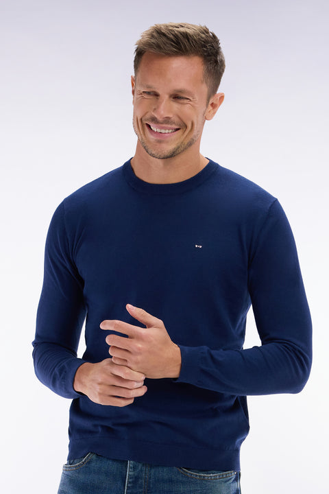 Straight-fit navy cotton-silk blend crewneck jumper - Image 3