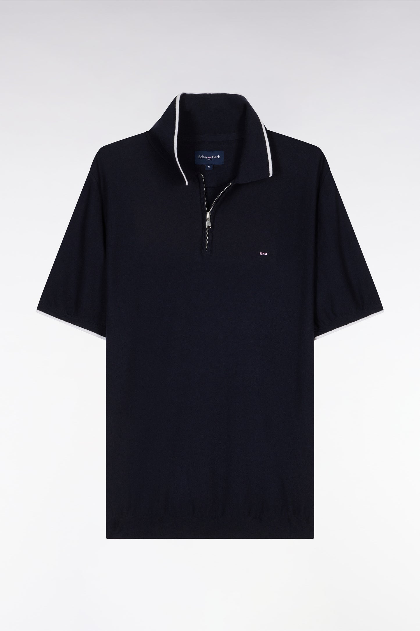 Straight-fit navy polo neck jumper in organic cotton and cashmere blend