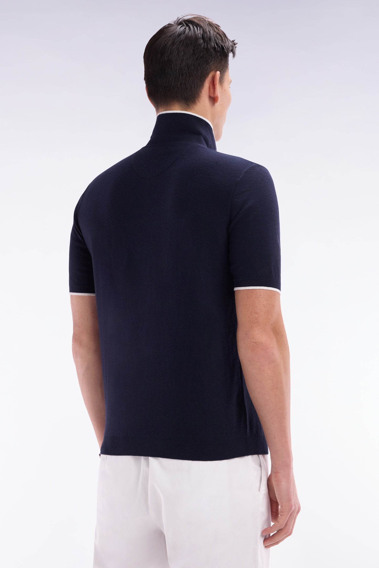 Straight-fit navy polo neck jumper in organic cotton and cashmere blend