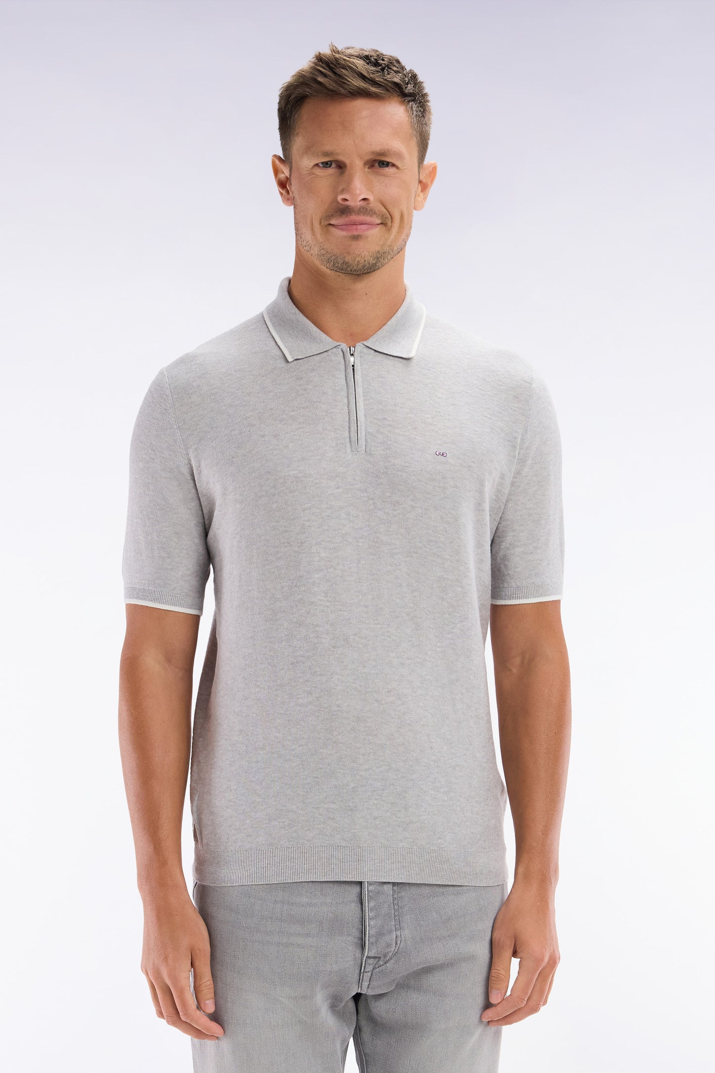 Straight-fit grey polo neck jumper in organic cotton and cashmere blend