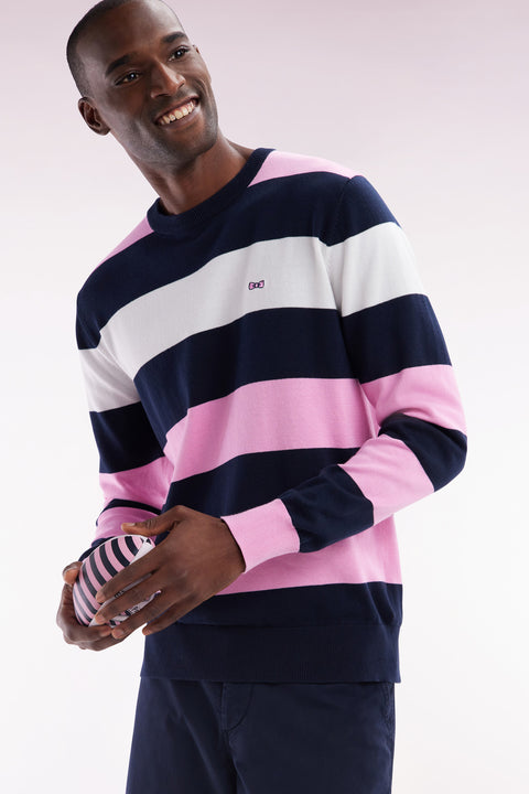Round collar striped jumper in pink and white cotton - Image 3