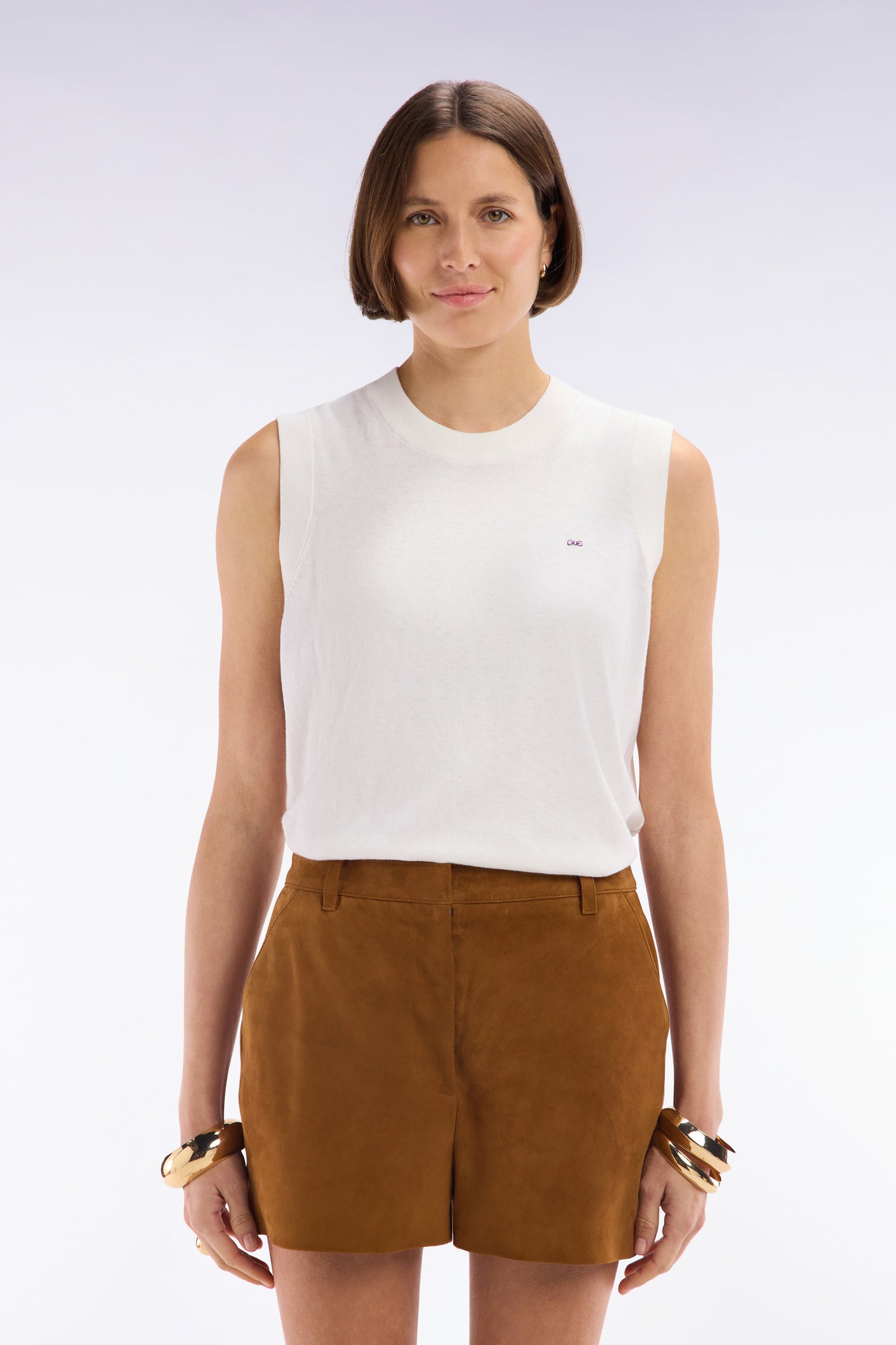 Relaxed-fit tank top jumper with round neck in ecru cotton and silk thin blend