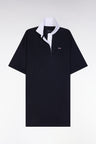 Navy Pima cotton jersey dress with white collar, relaxed fit