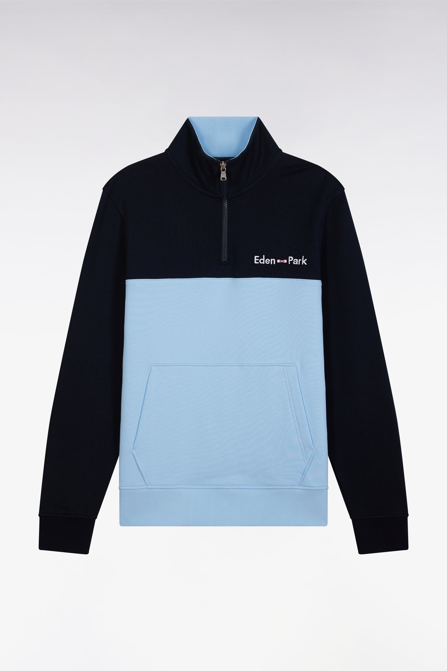 Straight-fit two-tone sky blue and navy cotton trucker collar sweatshirt
