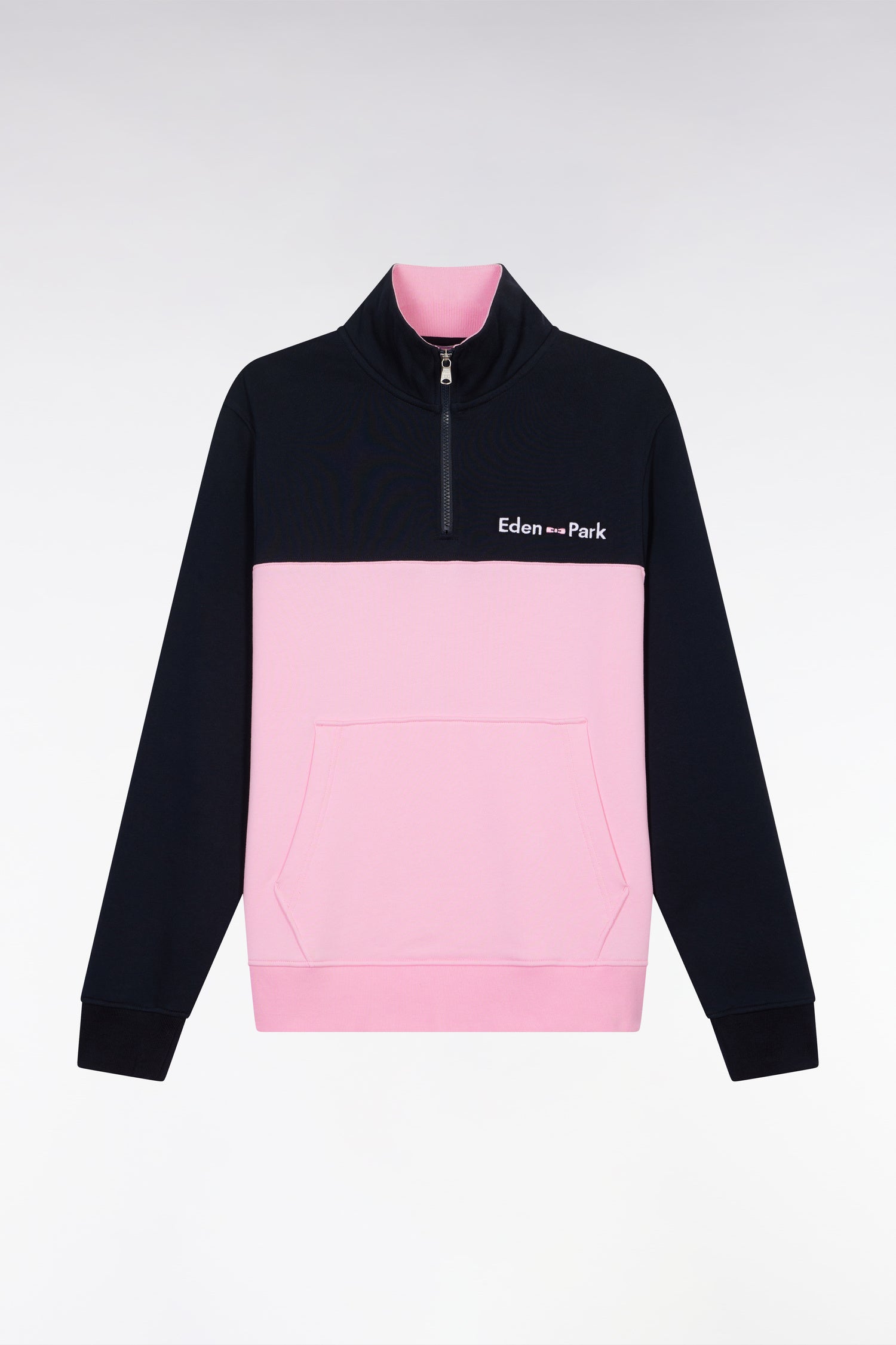 Sweatshirt à col camionneur en coton bicolore rose et marine coupe droite