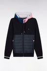 Straight-fit two-material zip-up sweatshirt in navy cotton fleece with quilted facing