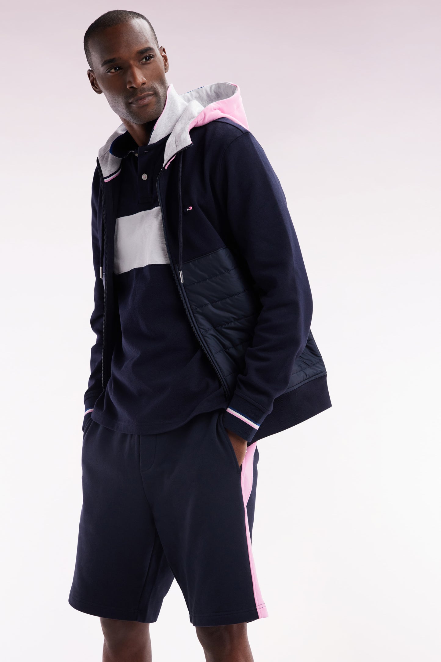 Straight-fit two-material zip-up sweatshirt in navy cotton fleece with quilted facing
