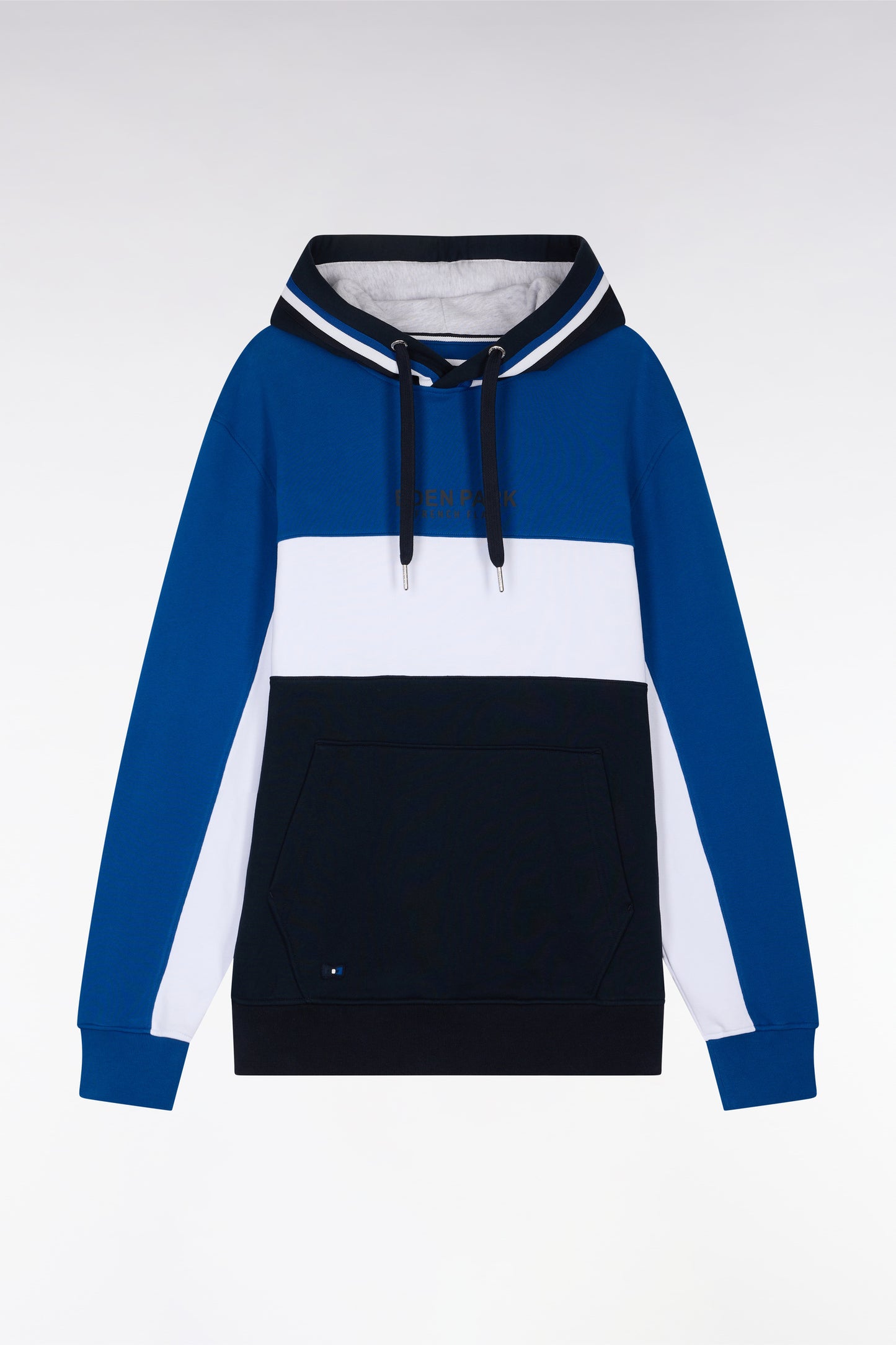 Sweatshirt à capuche en molleton coton tricolore bleu coupe décontractée