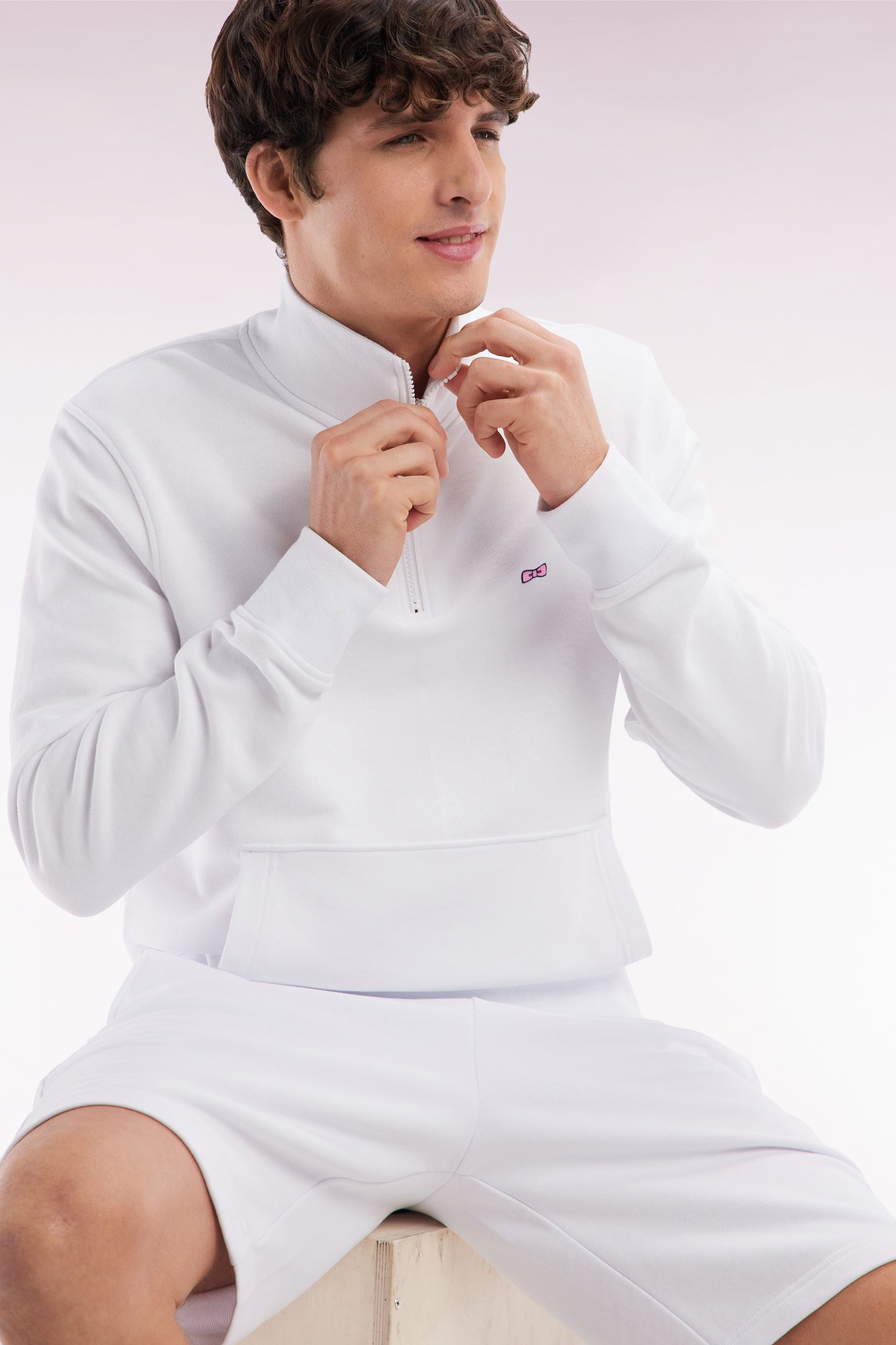 Straight-fit white cotton zip-neck sweatshirt