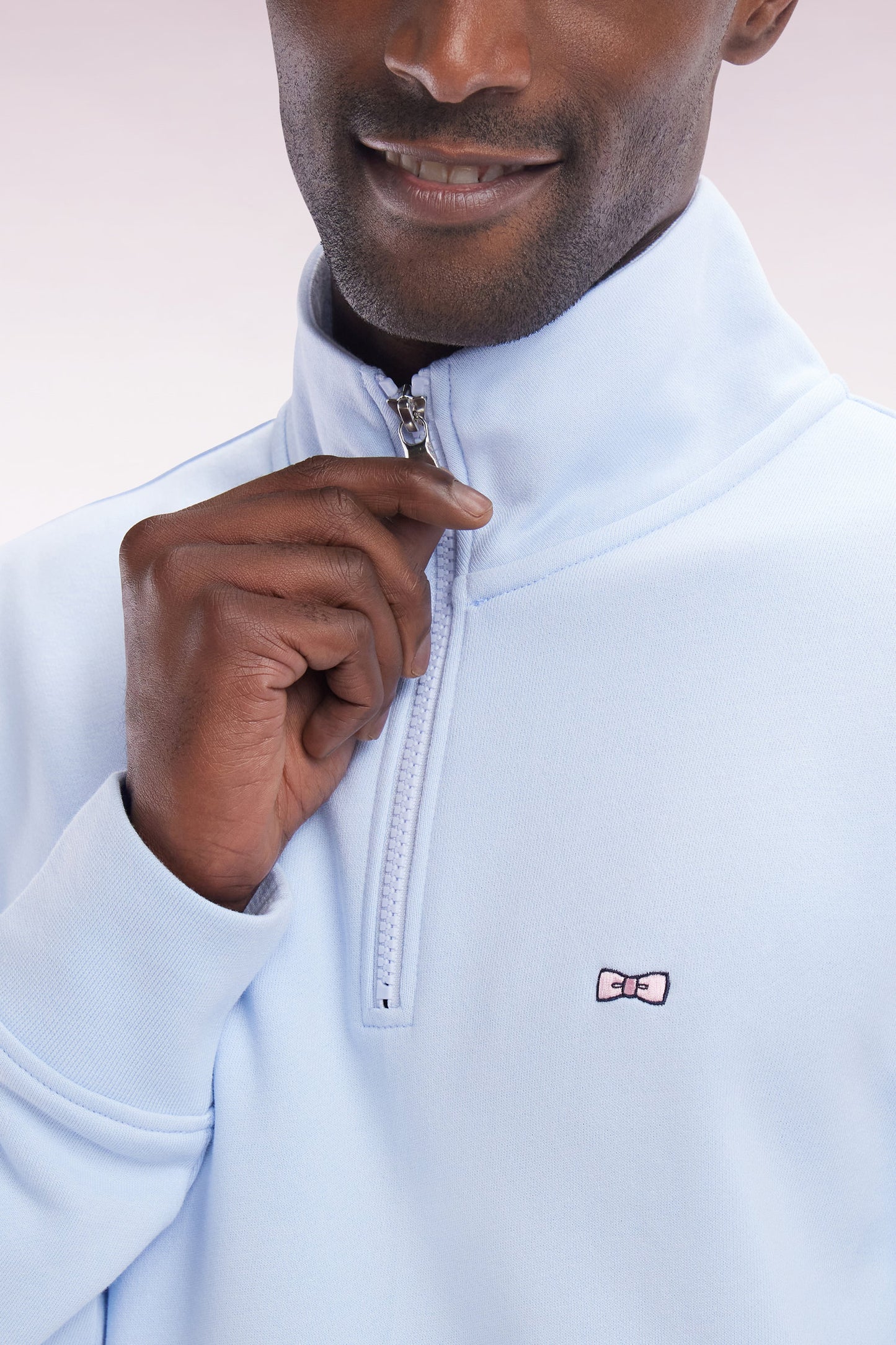 Straight-fit sky blue cotton zip-neck sweatshirt