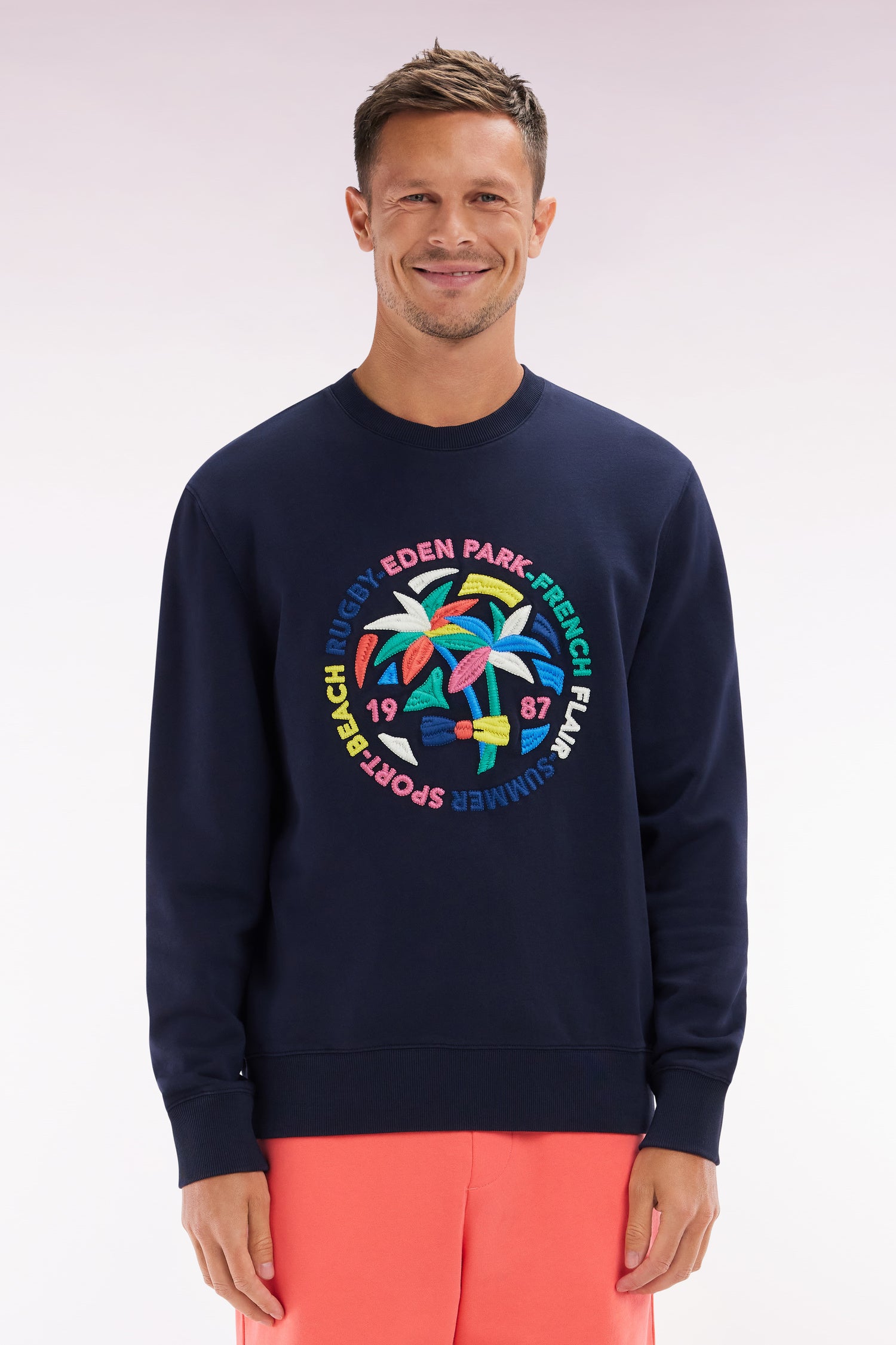 Sweatshirt en coton marine broderie palmiers multicolore coupe décontractée