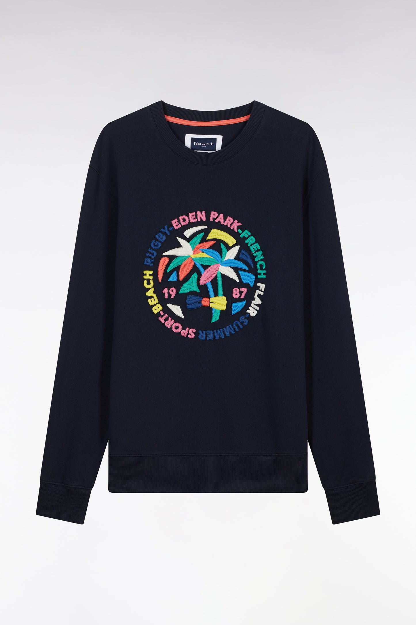 Sweatshirt en coton marine broderie palmiers multicolore coupe décontractée