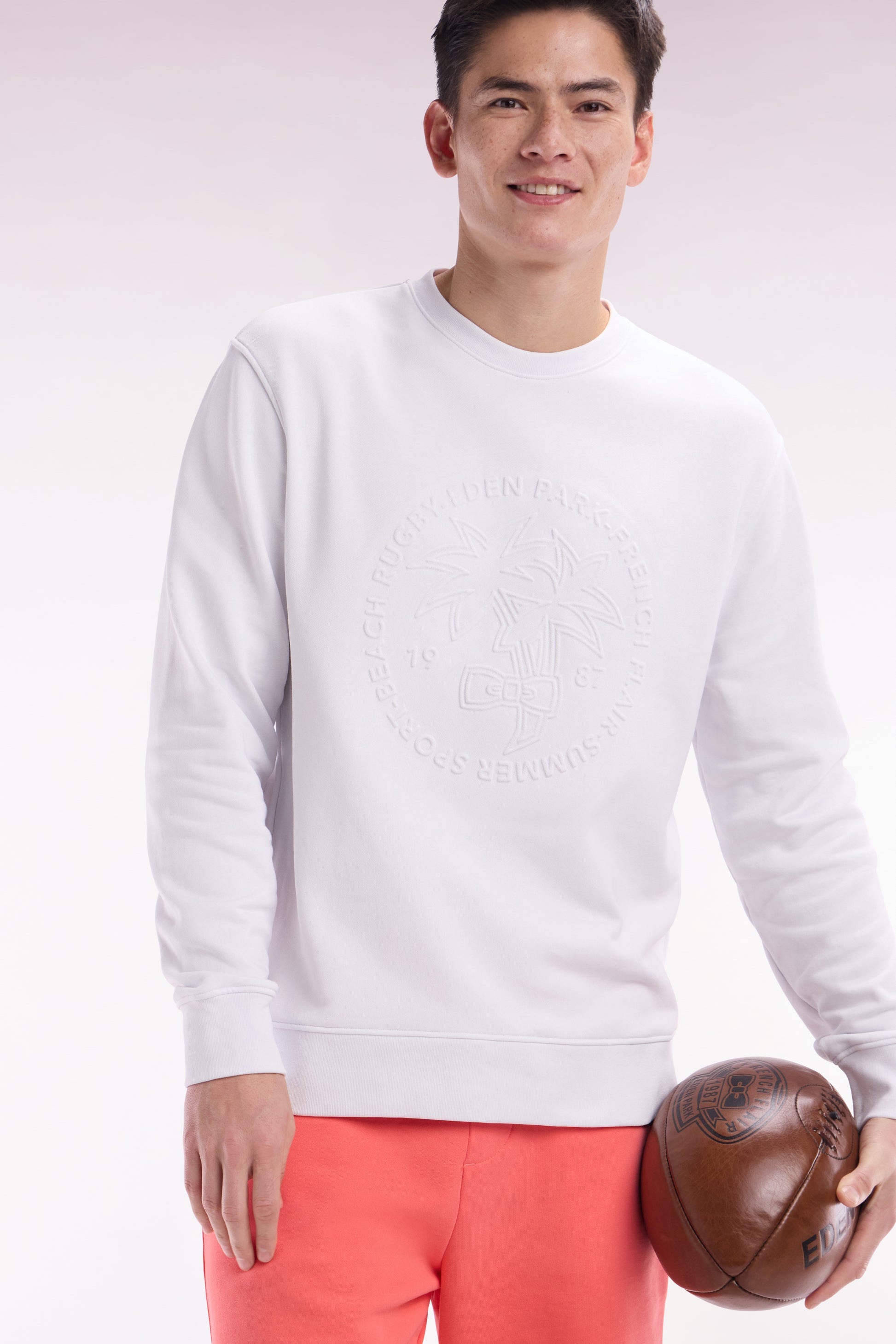 Sweatshirt en molleton coton blanc broderie palmier ton sur ton coupe décontractée