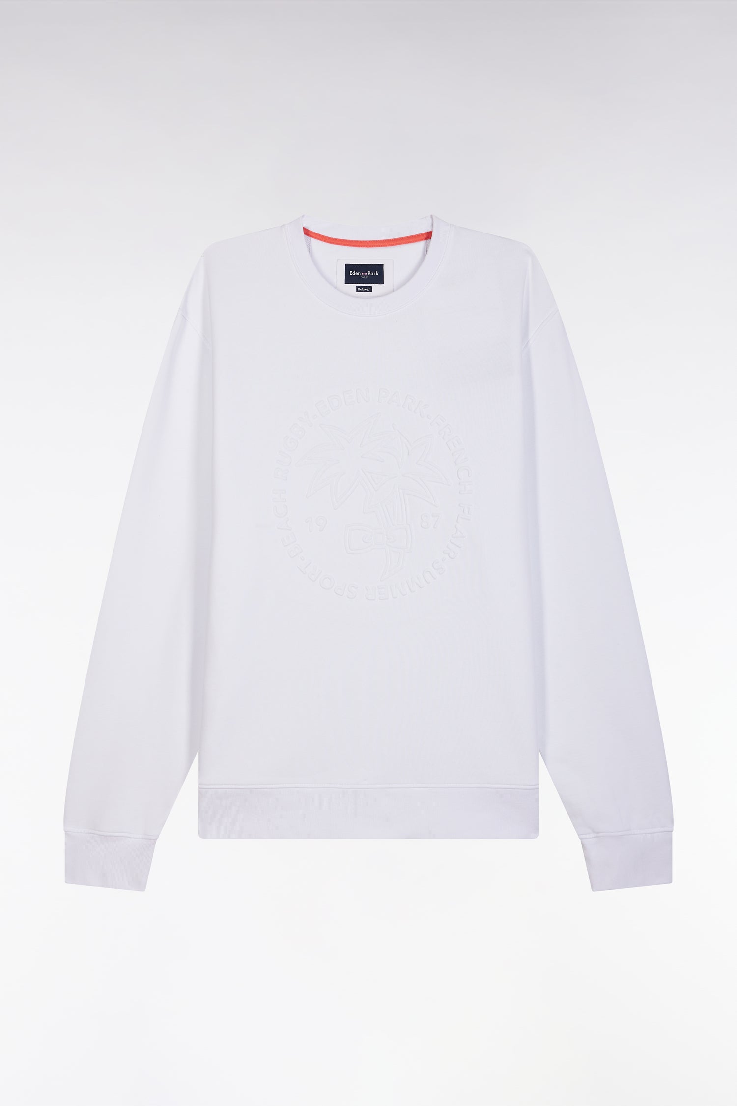 Sweatshirt en molleton coton blanc broderie palmier ton sur ton coupe décontractée