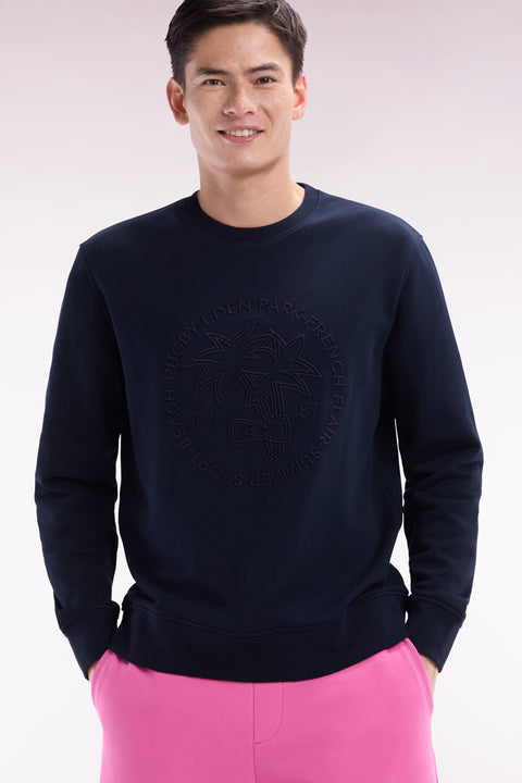 Relaxed-fit navy cotton fleece sweatshirt with tone-on-tone palm tree embroidery - Image 3