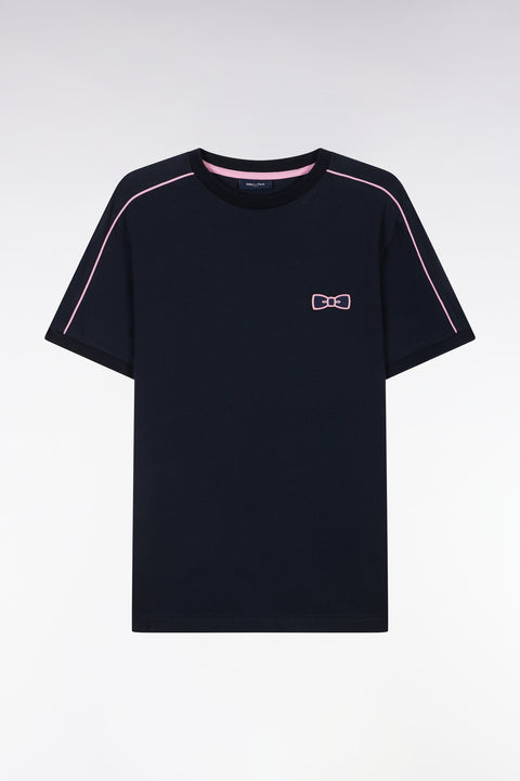 Straight-fit navy cotton T-shirt with pink piping and pink embroidery - Image 2