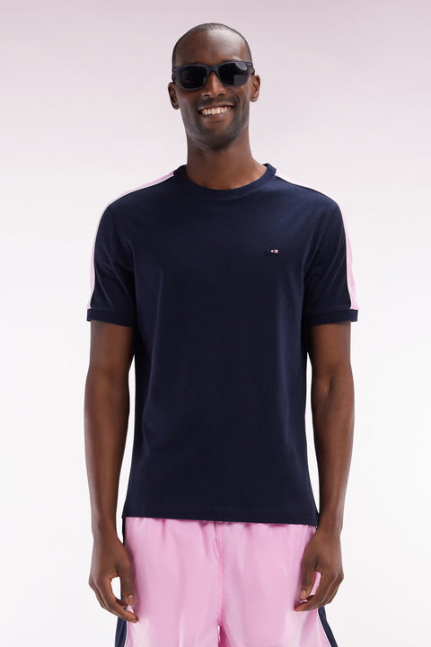 Straight-fit navy cotton T-shirt with back embroidery and cutouts - Image 1