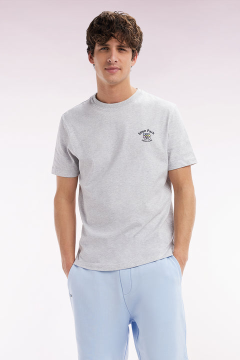 Grey cotton T-shirt with multicolored embroidery, relaxed fit - Image 3