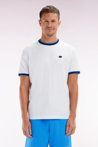 White cotton T-shirt with blue ribbing, relaxed fit