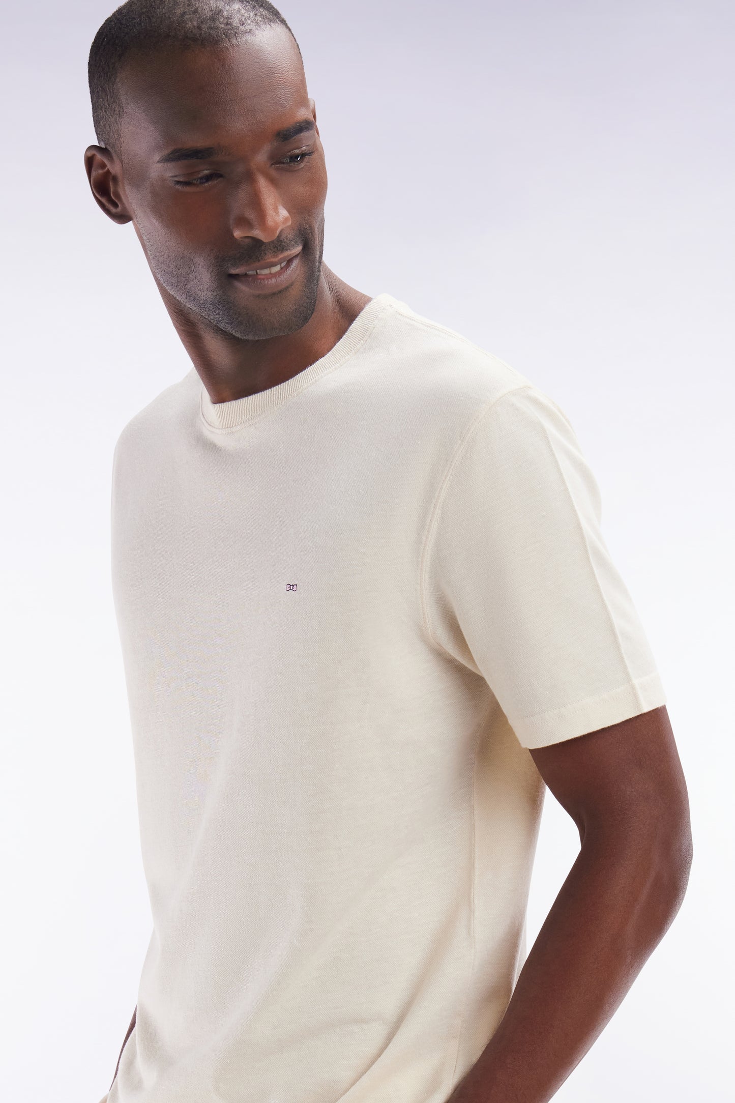 Straight-fit ecru T-shirt in cotton and linen blend